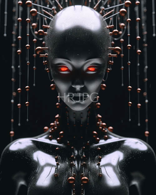 metallic humanoids with glowing red eyes stand against dark backgrounds