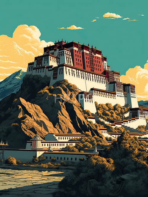 potala palace architecture stylized with orangeyellow sky and fluffy clouds against turquoise background