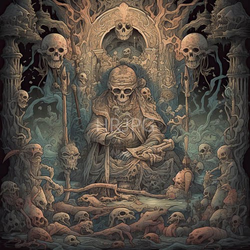gothic fantasy depicts skulls and skeletal figures amidst murky graveyard with tattered robes