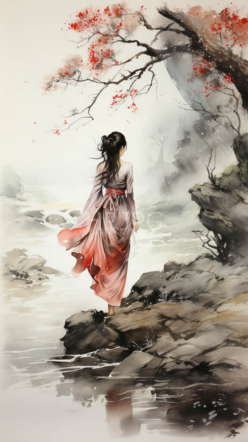 asian women in traditional robes standing on rocky terrain amidst misty mountains and calm waters