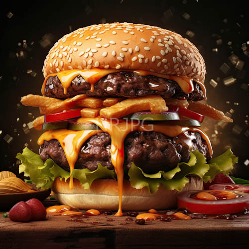 juicy beef patties melt on layered cheeseburgers amidst sesame seed buns in a chaotic food