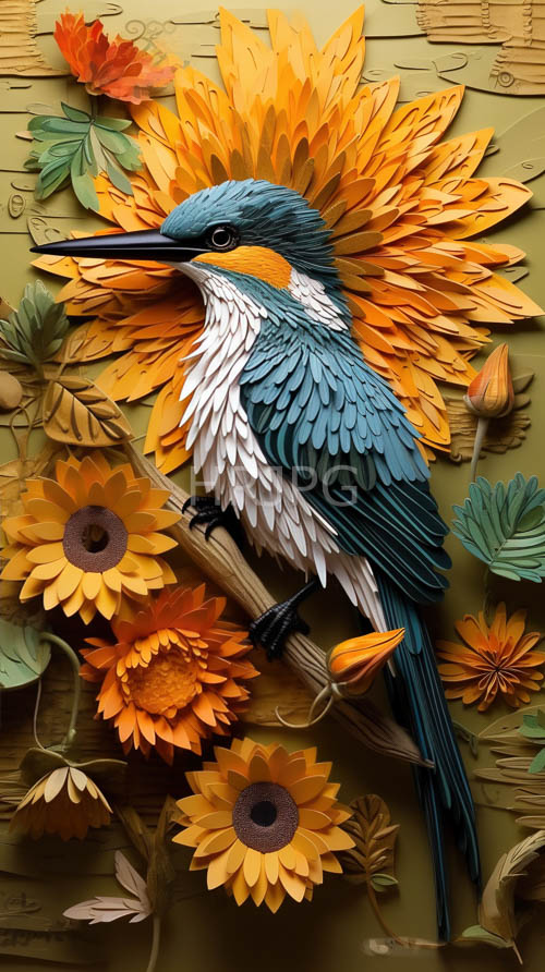 handmade paper art showcases delicate blue kingfisher perched on olivegreen textured background amidst orange sunflower petals