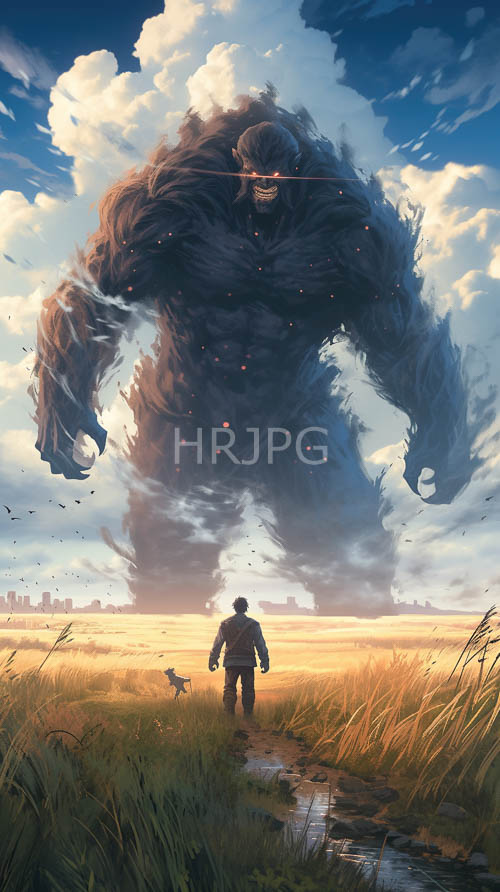 darkfurred monsters loom over lone figures in grassy fields under blue cloudfilled skies