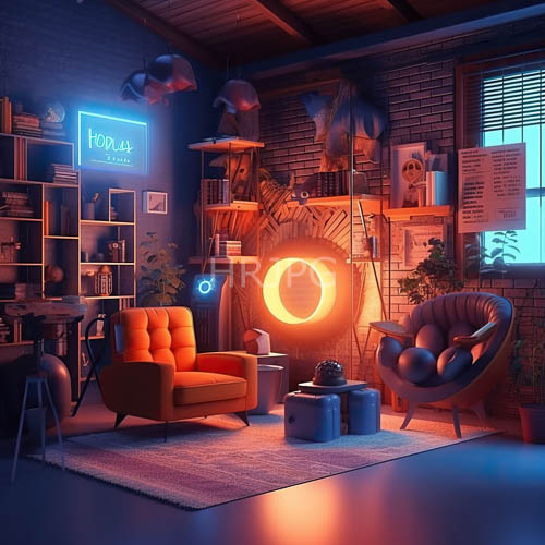 High Resolution: Midcentury modern living room with eclectic neonlit furniture and industrial accents on brick walls download. | HRJPG.com