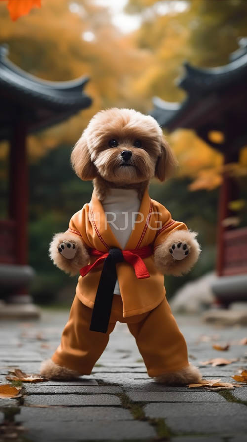 martial poodle puppies pose amidst faded autumnal foliage and ancient pagoda silhouettes