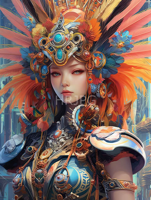 steampunk armor combines turquoise gems with dark orange feathers