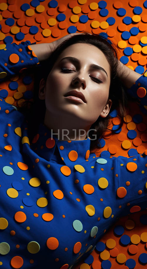 women with closed eyes relax against vibrant orange backgrounds with blue shirts decorated with colorful polka dots in serene settings