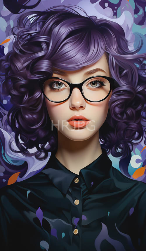 vibrant purple hair frames modern young woman with abstract blue patterns