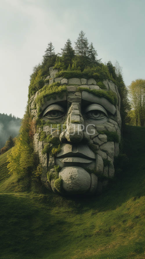 ancient stonecarved faces emerge from mosscovered cracks atop weathered rocky hillsides under scattered sunlight
