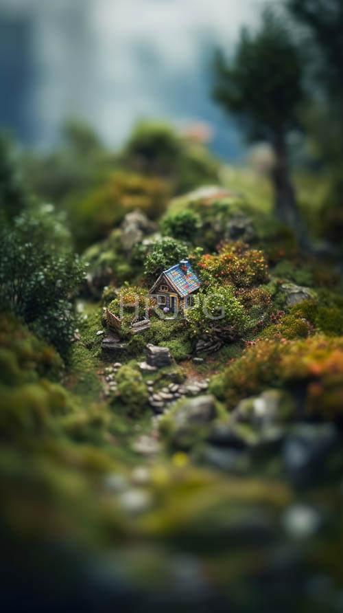 miniature wooden cottages nestle among lush greenery on a serene hillside under filtered sunlight