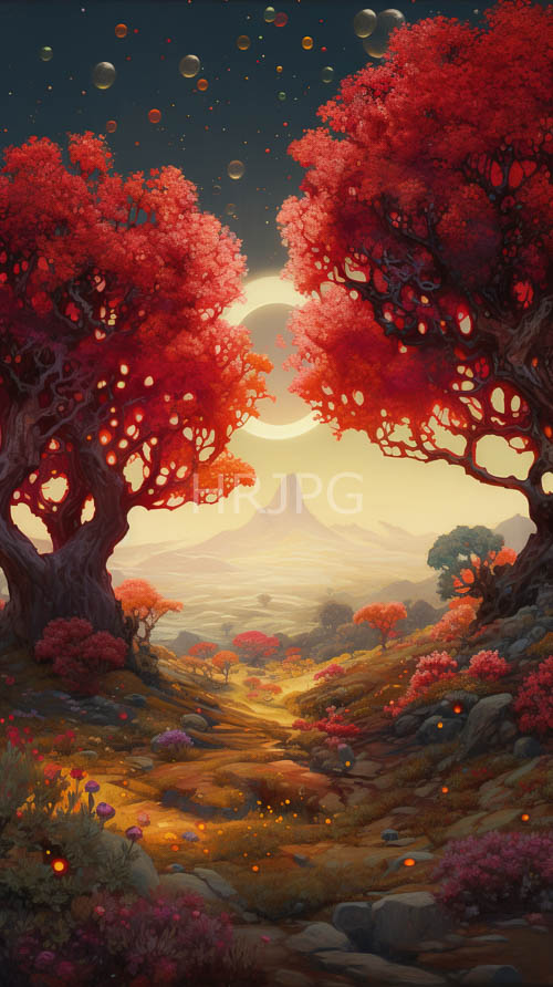 moonlit fireflies dance amidst red trees under starry skies in a rocky terrain