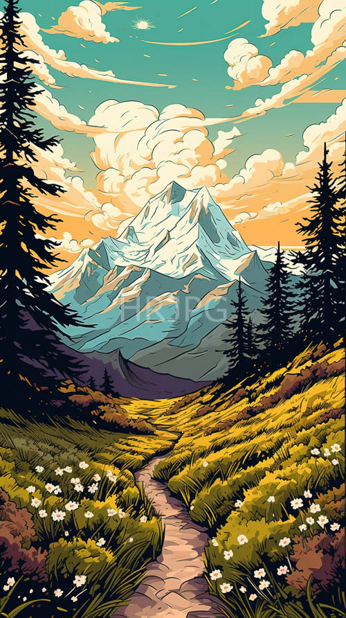 mountain landscape at sunset with vibrant green meadows and snowcapped peaks