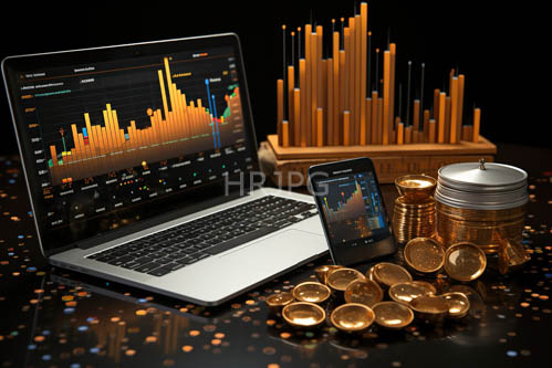 financial data analysis workspace with metallic accents and cylindrical objects