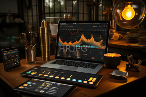 industrial kitchen workspace combines financial charts with hightech lighting and control panels