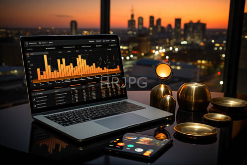 High Resolution: Silver laptops display orangebar financial charts amidst evening analysis download. | HRJPG.com