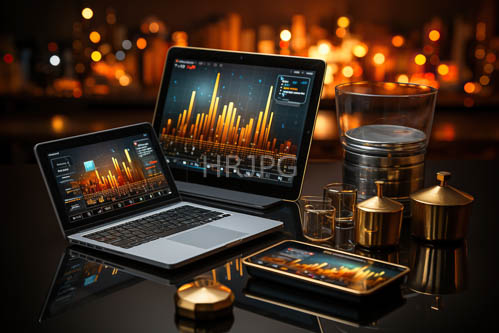 elegant city skyline illumination with dual laptop stations and ambient lanterns