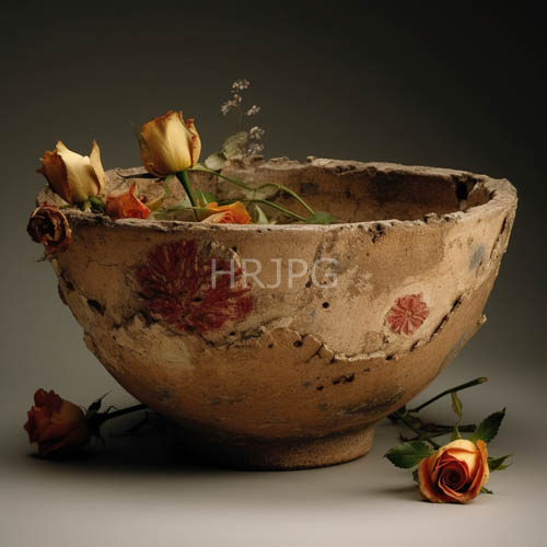 wilted yellow roses release small bubbles from aged redfloral ceramic bowl amidst gradual decay