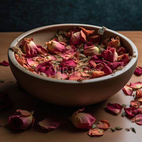 High Resolution: Earthy ceramic bowl fills with dried rose petals in deep red and pink hues amidst moody dark teal fabric download. | HRJPG.com
