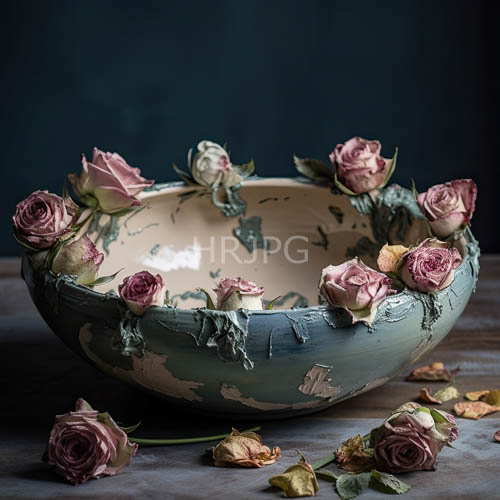fading elegance of pink roses in chipped ceramic bowl amidst muted teal background