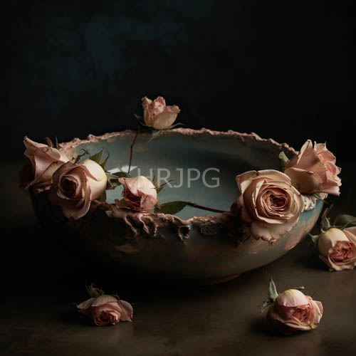 six pink roses adorn a vintage weathered ceramic bowl in a dimly lit muted setting