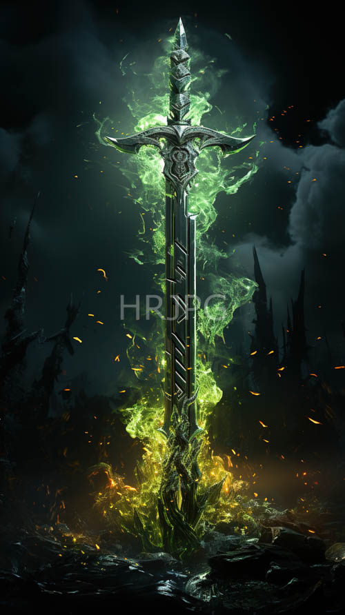 fantasy landscapes unfolding amidst volcanic ash and embers with intricate green swords rising