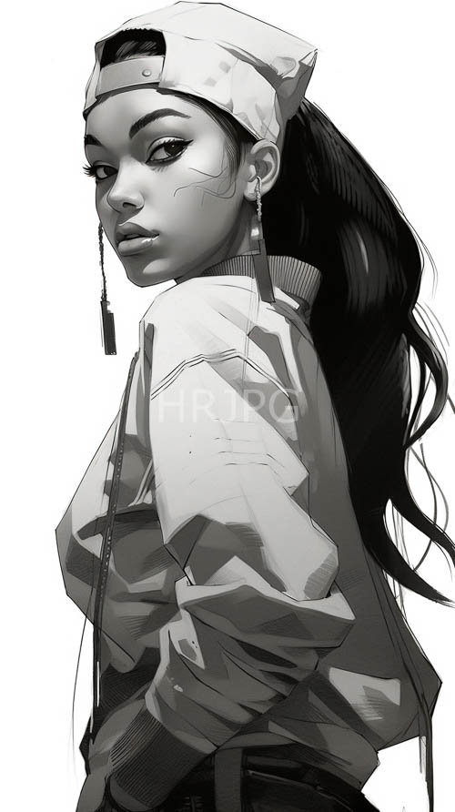 young womans edgy profile in dark ponytail and urban streetwear