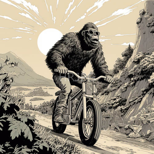 gorillas in sunglasses cruise vintage motorcycles along serpentine mountain paths at dawn