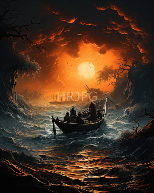 maritime tragedy unfolds in turbulent waves under fiery sunset skies