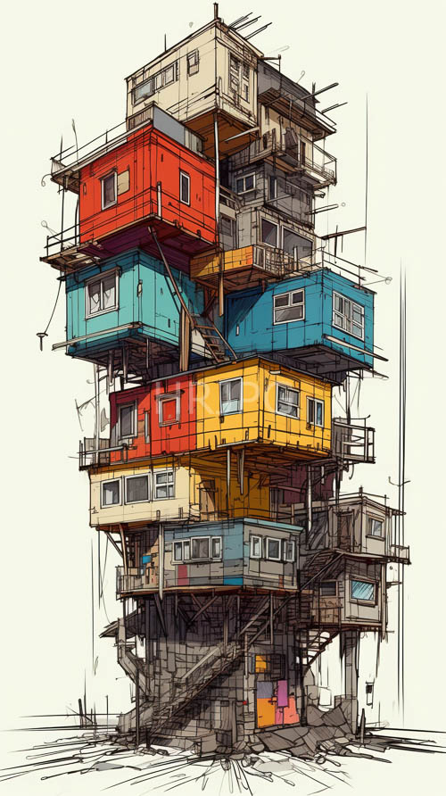 eclectic urban density unfolds amidst stark contrasts of color and geometry