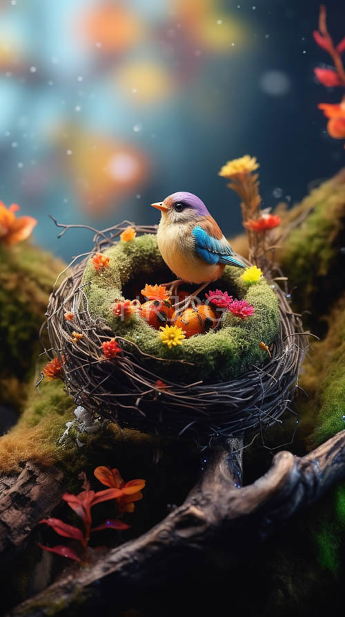 High Resolution: Finch in nest amidst intricate flowers and mossy textures in forest setting download. | HRJPG.com