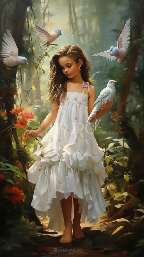 girls in white ruffled dresses adorned with pink flowers walk through lush green forest scenes