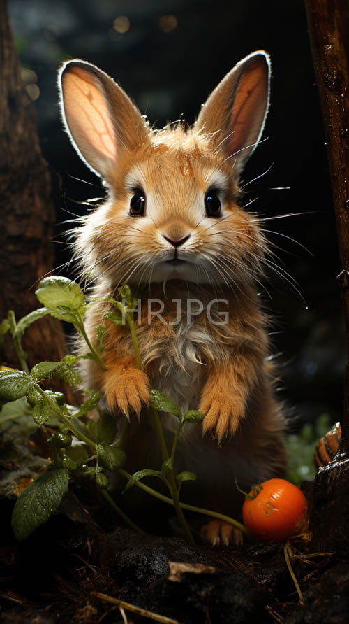 High Resolution: Woodland Rabbits Amidst Verdant Foliage Clutching Tomato on Forest Floor download. | HRJPG.com