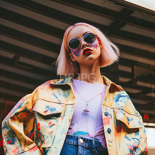 floral jacket and face paint define urban casual style with edgy accents