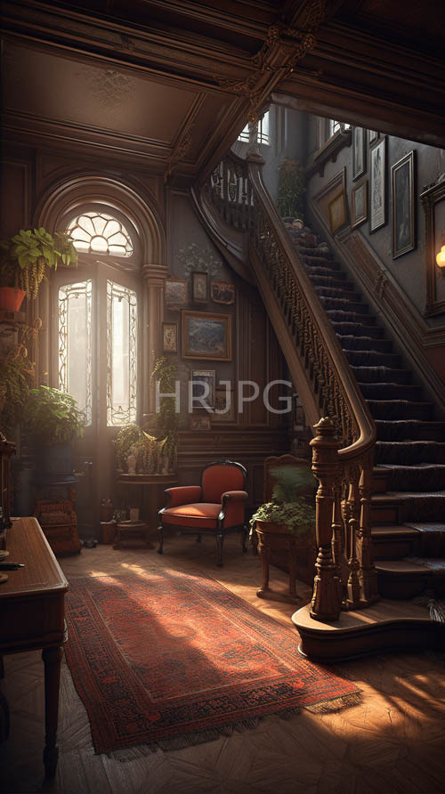 ornate wood details amidst arched window and rich textures in elegant victorian setting