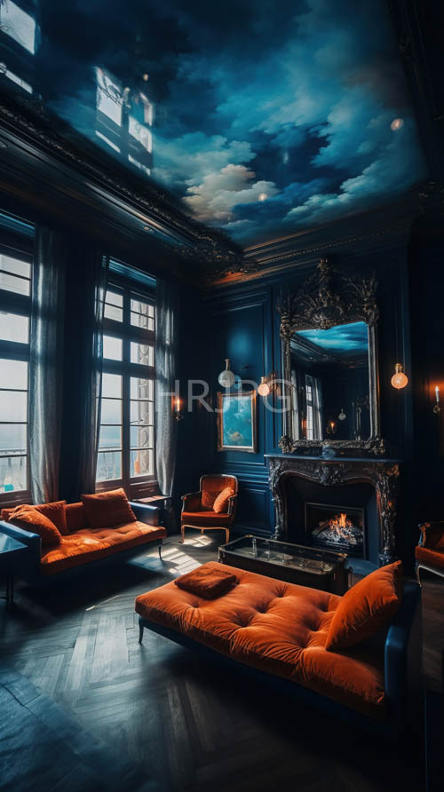 celestial mural illuminates herringbone wood and velvet oasis