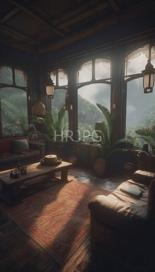 lush green mountains framed by wooden floors and cozy rustic leather armchairs