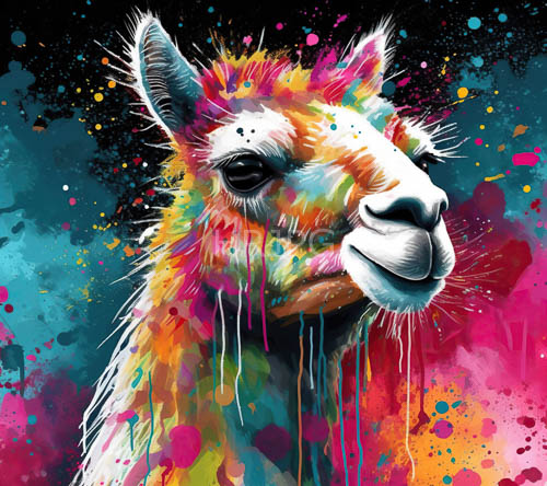 llama portrayal with flickering paint splatters across white coat in multicolored background