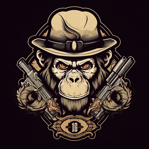 gorillas in beige fedoras with silver revolvers in ornate settings