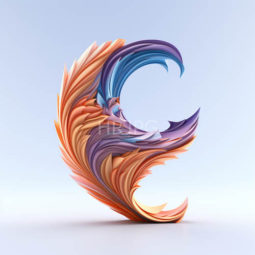 orangepurpleblue feathered form unfolds in a light grayblue background space