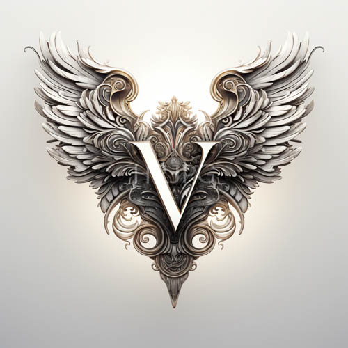 ornate silvertoned v letters centered between delicate wings and abstract patterns on a whitetogray gradient background
