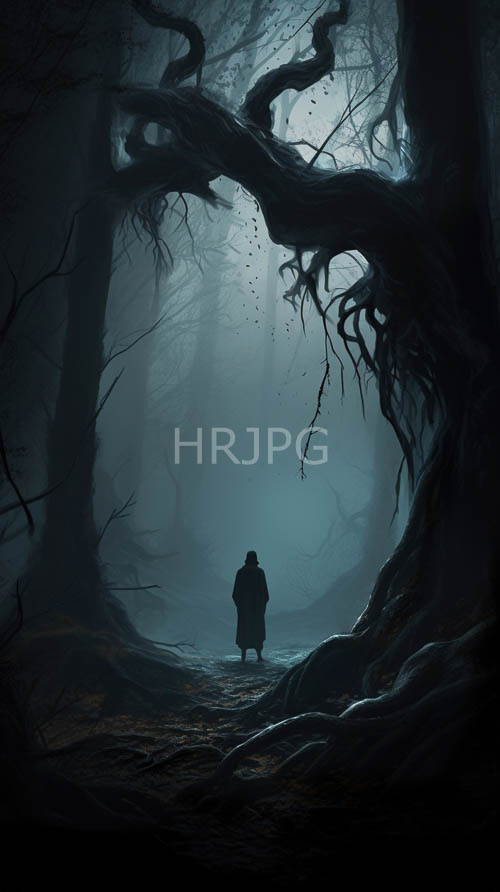 High Resolution: Silhouette in Twisted Forest Dominated by Dark Blues and Greens download. | HRJPG.com