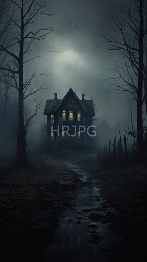 dilapidated wooden house on foggy night with opaque yellow lights