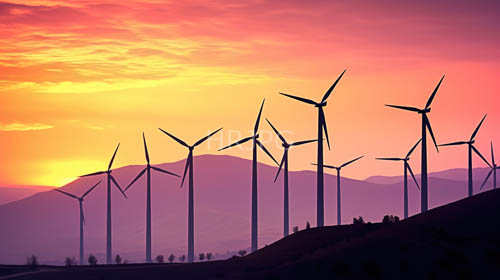 High Resolution: Wind turbines silhouette against converging orangepink sunset skies amidst rolling hills and majestic trees download. | HRJPG.com