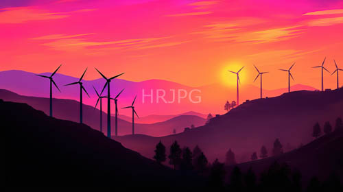 silhouetted wind turbines amidst fading sunset landscape with terraformed terrain layers