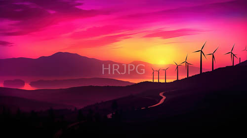 fuchsia to fiery orange sky gradients define majestic contrast with silhouetted wind turbines and sinuous roads