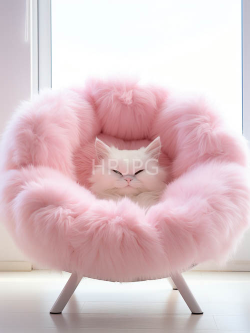furry feline form relaxing upon plush pink cushion in modern wood and light flooring setting under ambient light