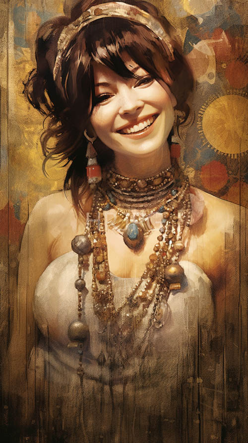 evocative of young woman with layered gold necklaces and turquoise pendants in luxurious setting