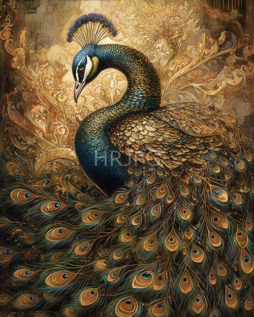 elegant peacock unfurls iridescent plumage against ornate floral background textures