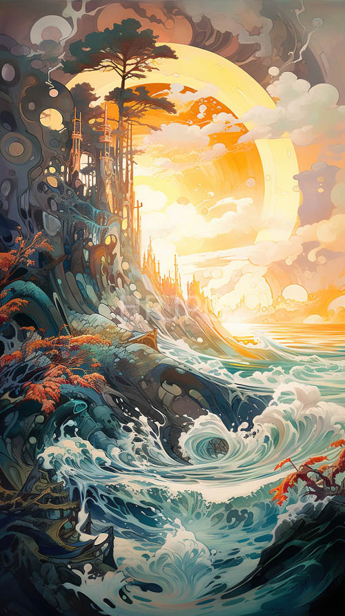 turquoise swirling waves converge on majestic rocky cliffs amidst orange hued sunset