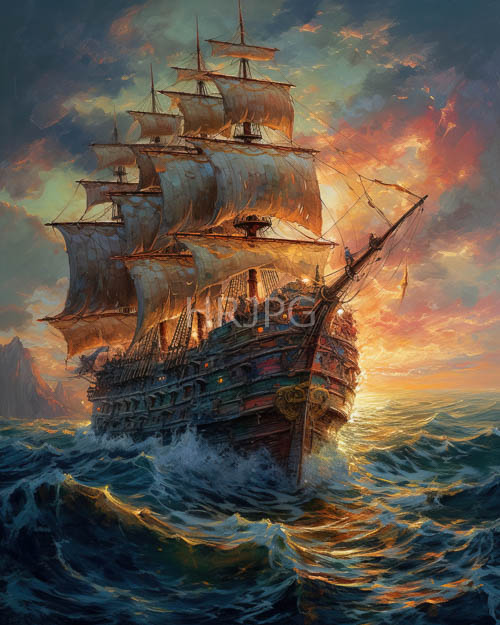 nautical splendor of a majestic multimasted ship battling turbulent sunset ocean waves